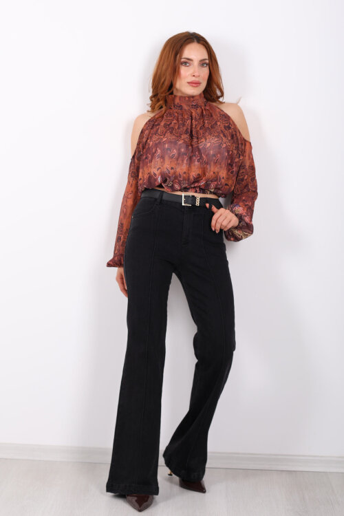 Önden Dikişli Kemerli İspanyol Paça Koyu Füme Kadın Kot Pantolon - 3