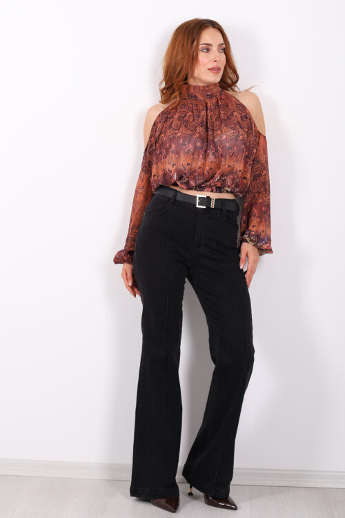 Önden Dikişli Kemerli İspanyol Paça Koyu Füme Kadın Kot Pantolon - Berox