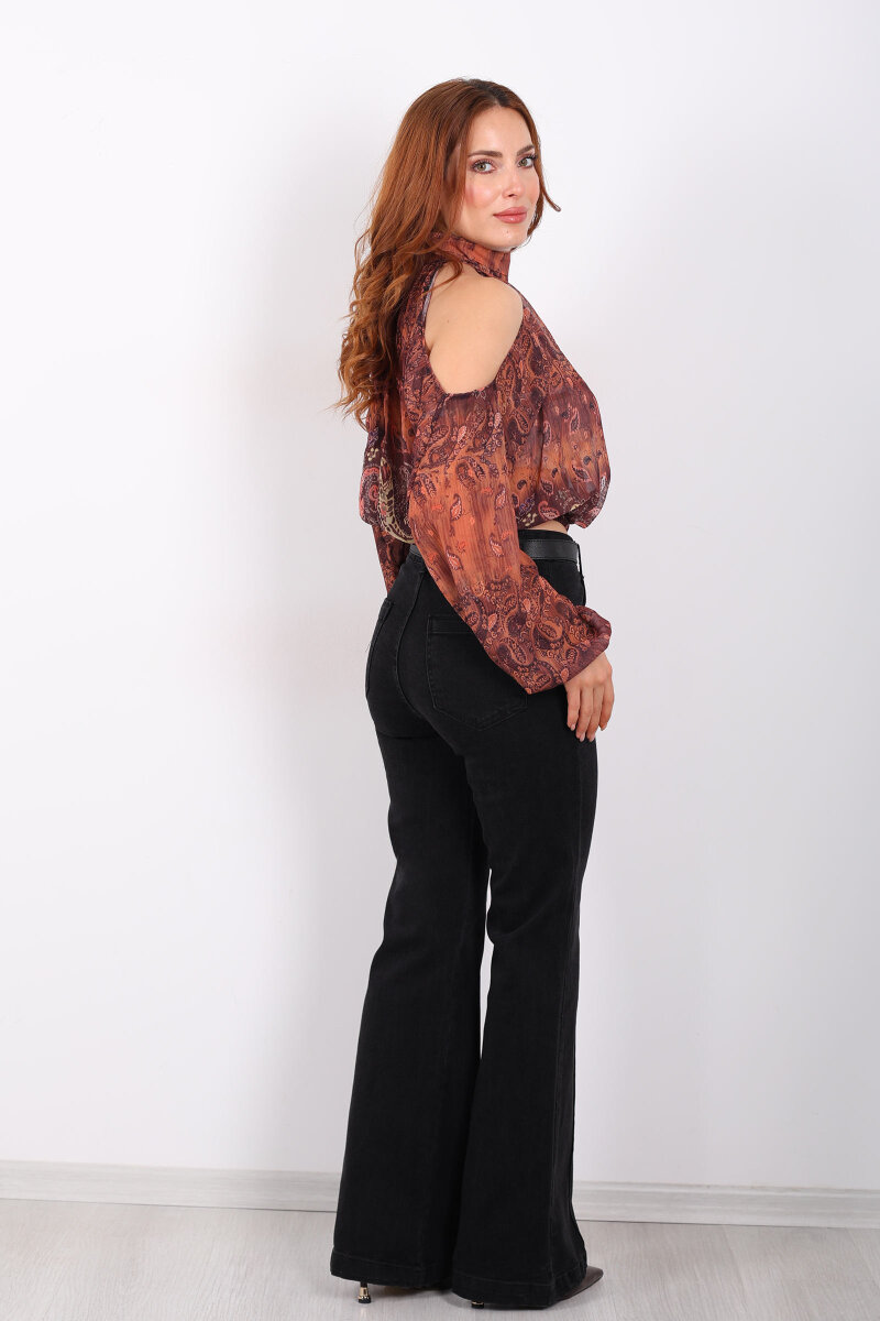 Önden Dikişli Kemerli İspanyol Paça Koyu Füme Kadın Kot Pantolon - 5