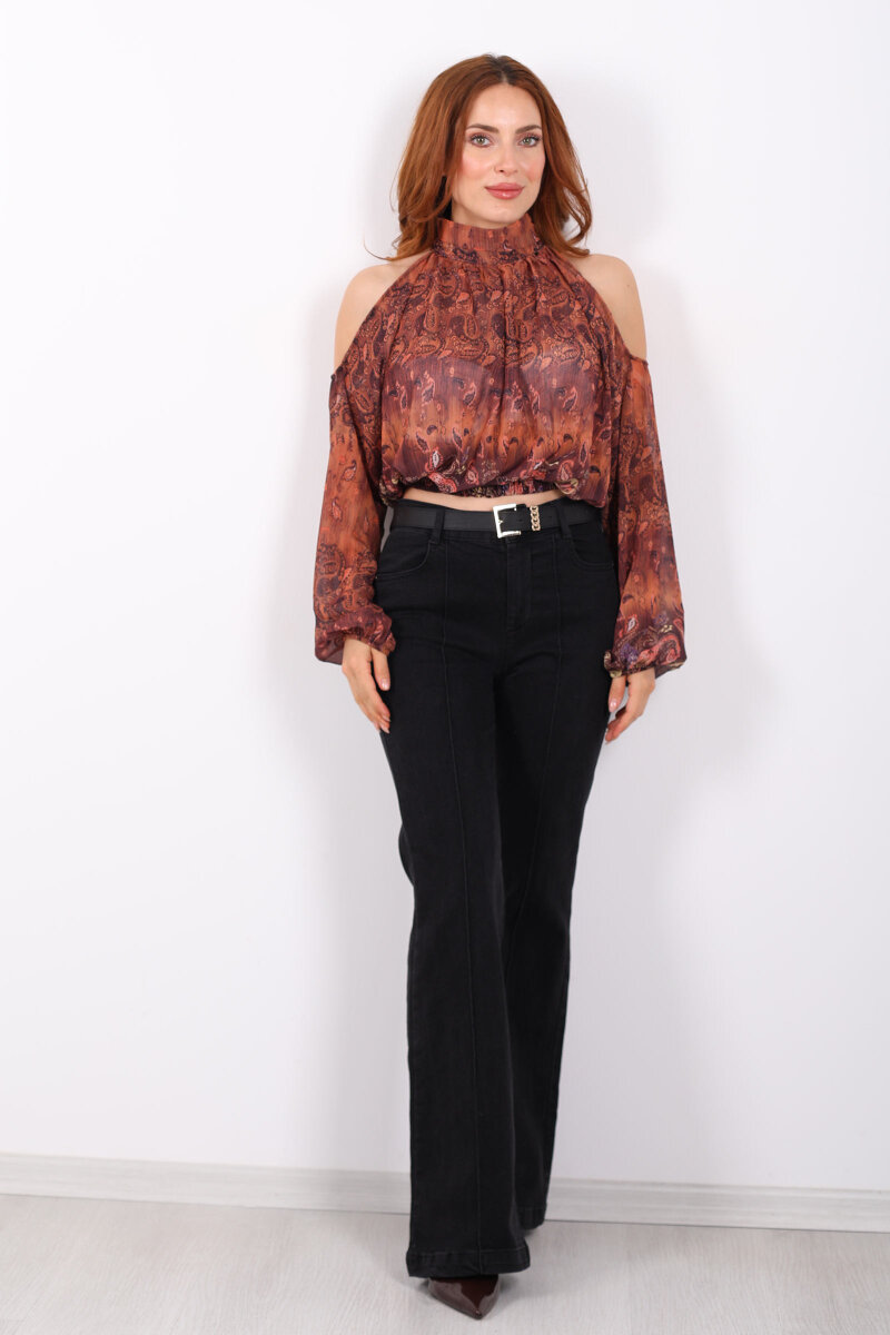 Önden Dikişli Kemerli İspanyol Paça Koyu Füme Kadın Kot Pantolon - 6