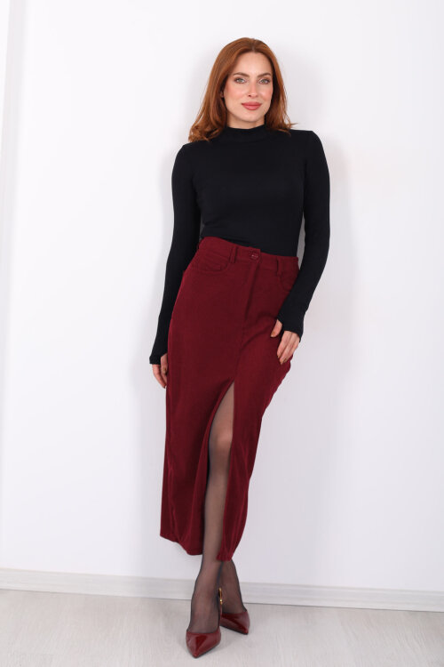 Önden Yırtmaçlı Kadife Bordo Kadın Midi Etek - 4