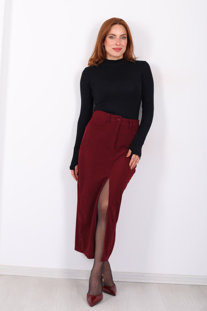 Önden Yırtmaçlı Kadife Bordo Kadın Midi Etek - 4