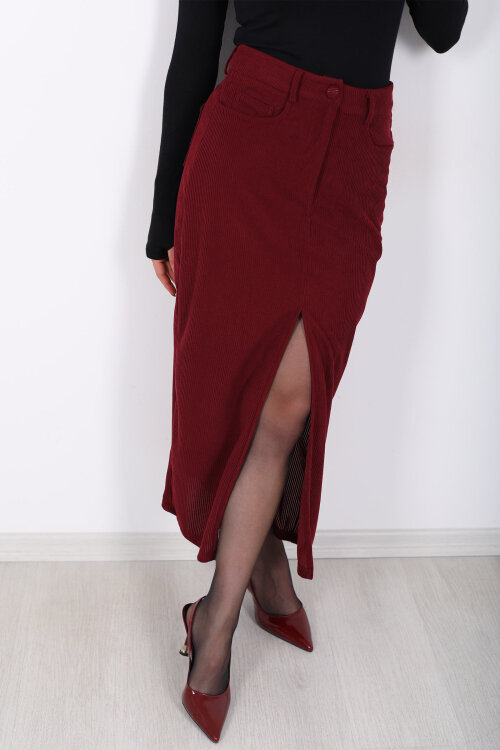 Önden Yırtmaçlı Kadife Bordo Kadın Midi Etek - Berox (1)