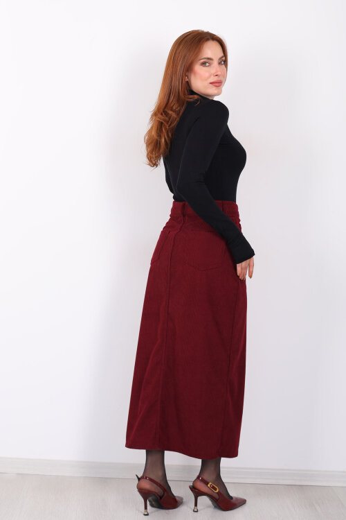 Önden Yırtmaçlı Kadife Bordo Kadın Midi Etek - 5