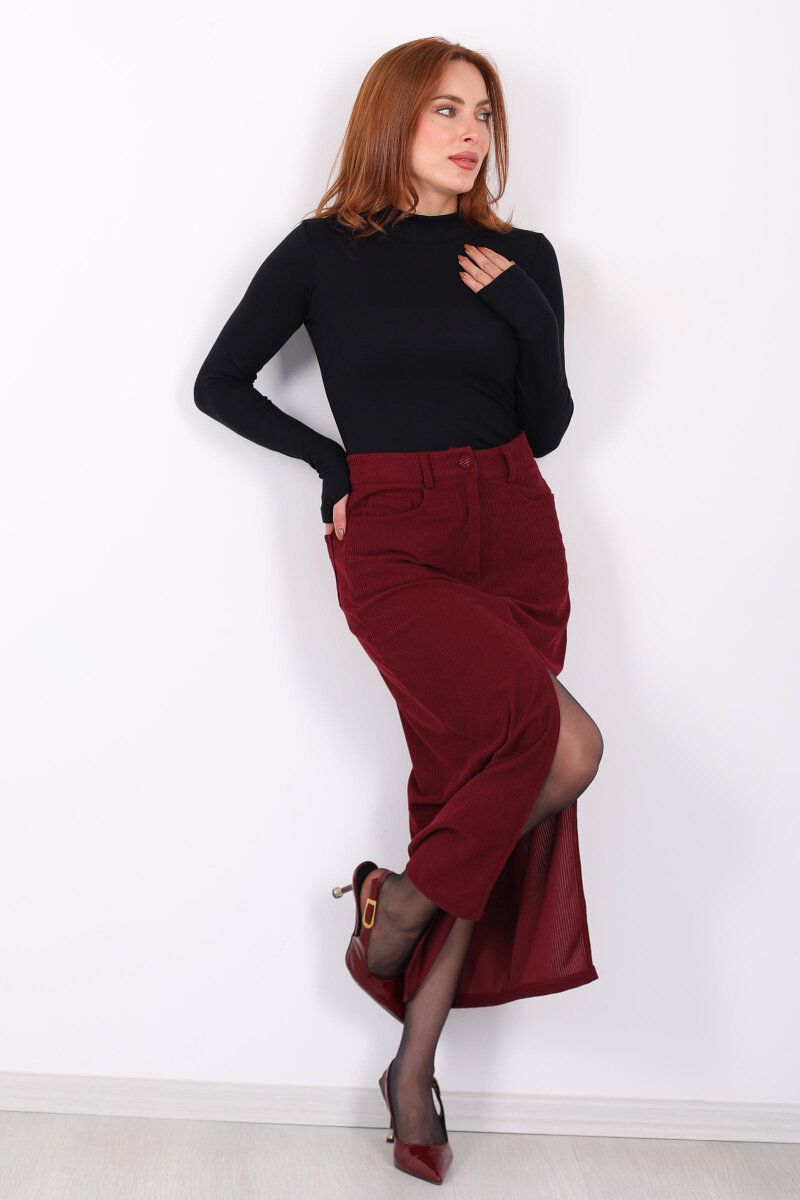 Önden Yırtmaçlı Kadife Bordo Kadın Midi Etek - 1