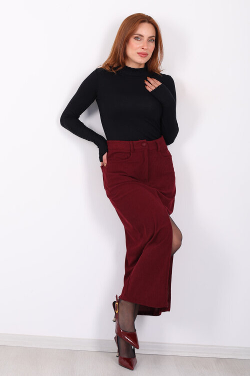 Önden Yırtmaçlı Kadife Bordo Kadın Midi Etek - 6