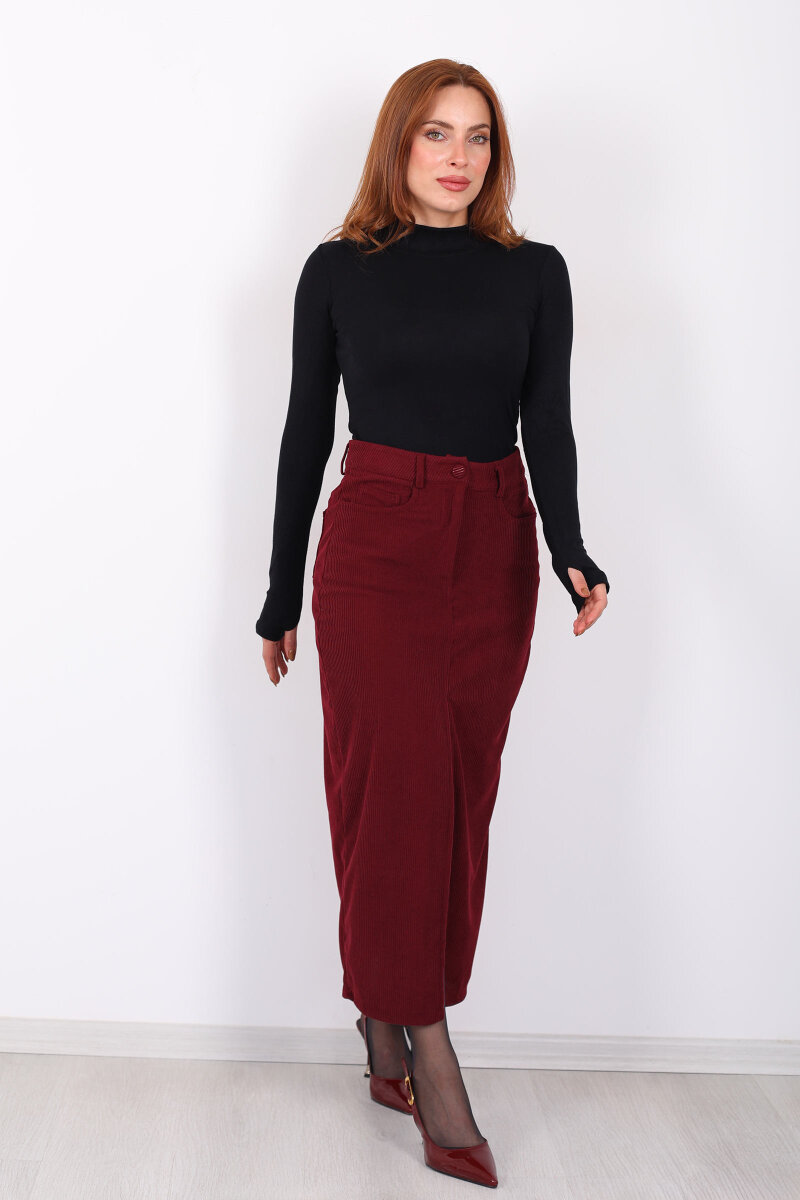 Önden Yırtmaçlı Kadife Bordo Kadın Midi Etek - 3