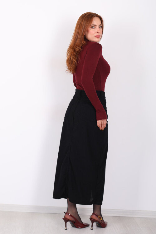 Önden Yırtmaçlı Kadife Siyah Kadın Midi Etek - 5