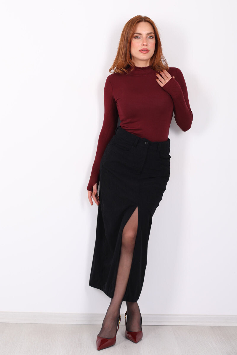 Önden Yırtmaçlı Kadife Siyah Kadın Midi Etek - 4