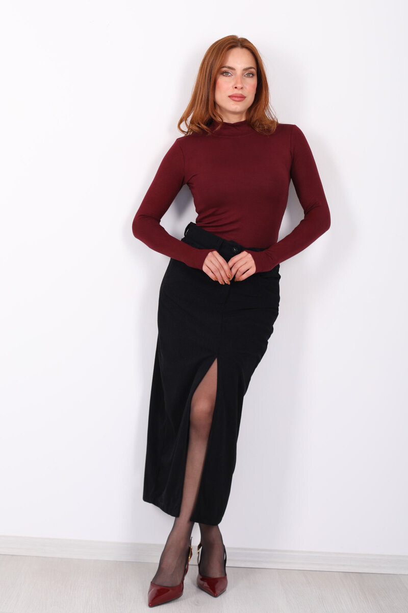 Önden Yırtmaçlı Kadife Siyah Kadın Midi Etek - 3