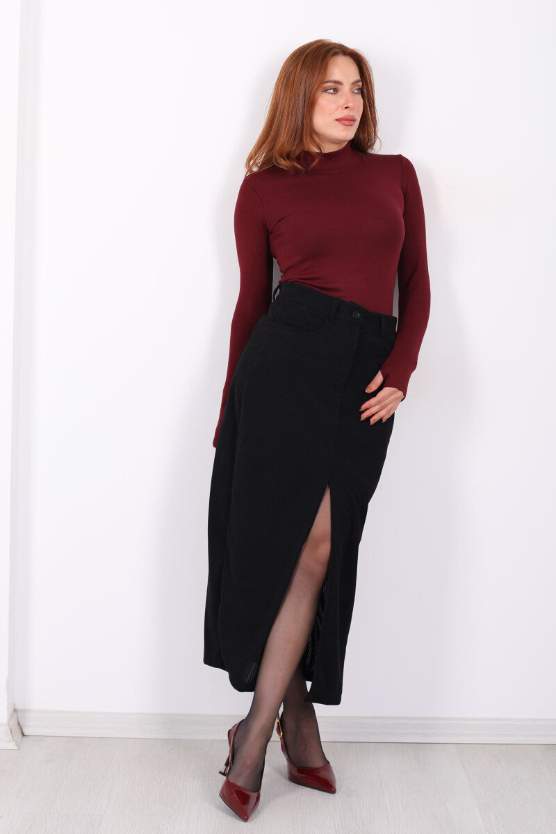 Önden Yırtmaçlı Kadife Siyah Kadın Midi Etek - 6