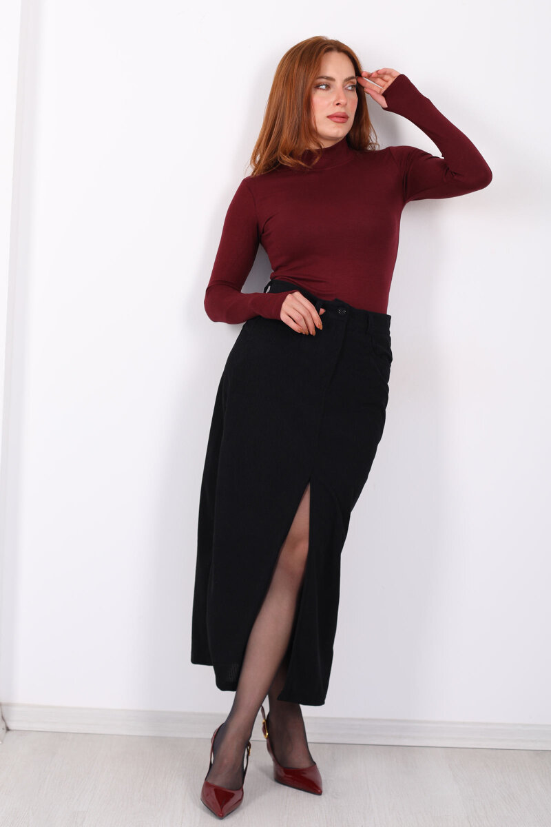 Önden Yırtmaçlı Kadife Siyah Kadın Midi Etek - 1