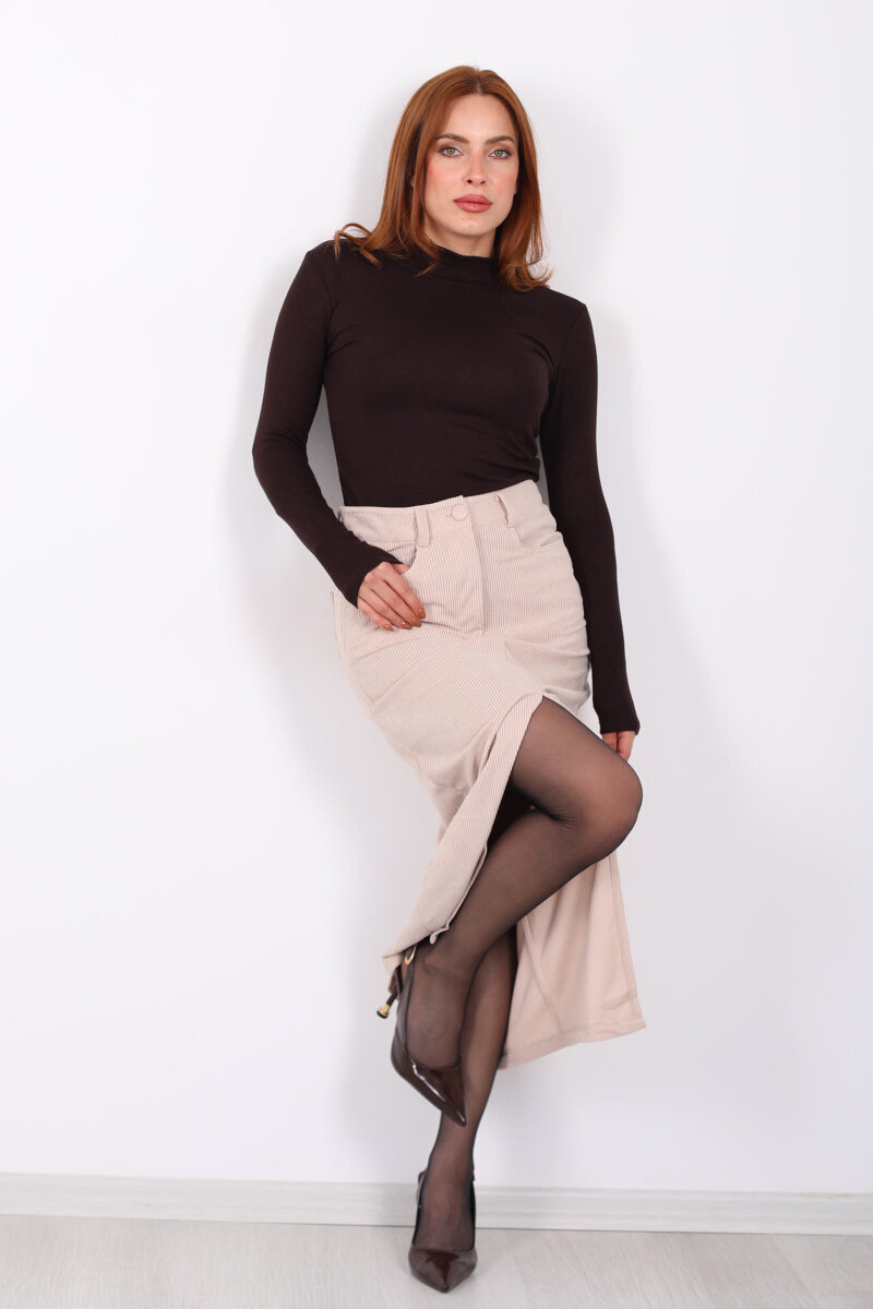 Önden Yırtmaçlı Kadife Taş Rengi Kadın Midi Etek - 1