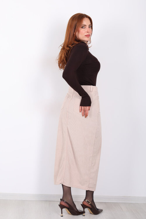 Önden Yırtmaçlı Kadife Taş Rengi Kadın Midi Etek - 6