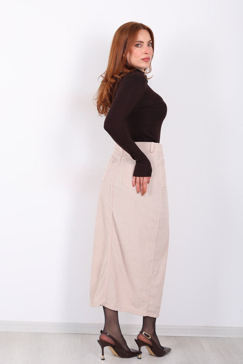 Önden Yırtmaçlı Kadife Taş Rengi Kadın Midi Etek - 6