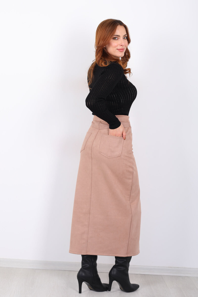 Önden Yırtmaçlı Süet Bej Kadın Midi Etek - 5