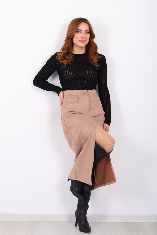 Önden Yırtmaçlı Süet Bej Kadın Midi Etek - 3