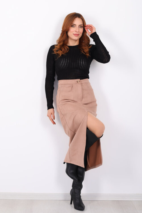 Önden Yırtmaçlı Süet Bej Kadın Midi Etek - Berox