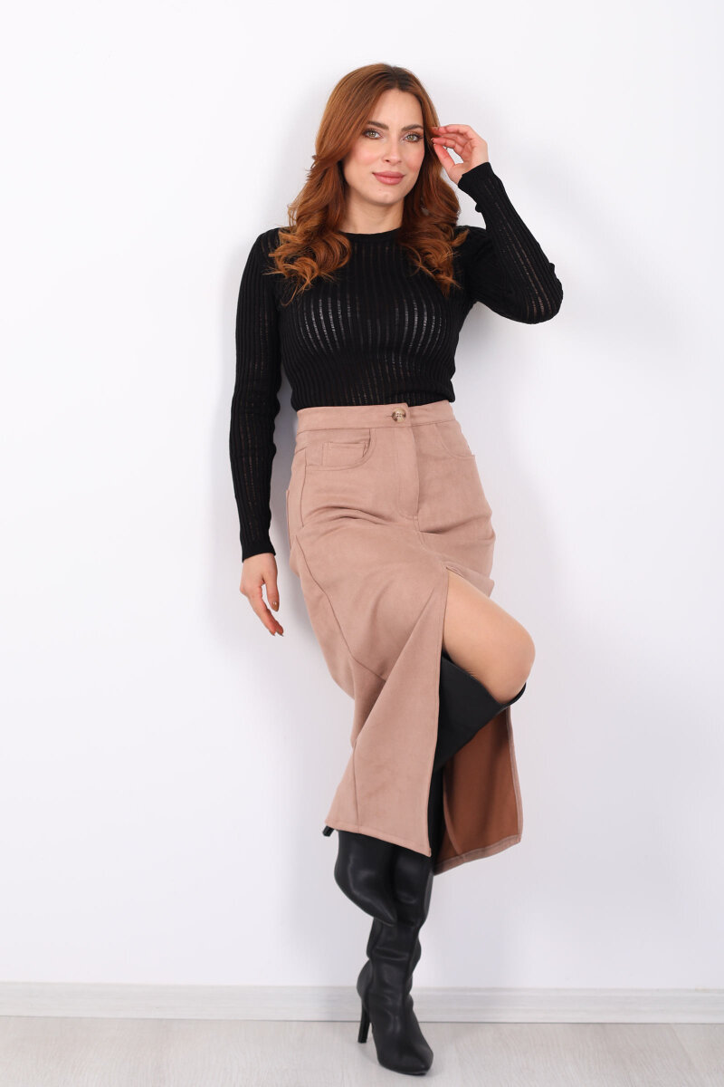 Önden Yırtmaçlı Süet Bej Kadın Midi Etek - 1