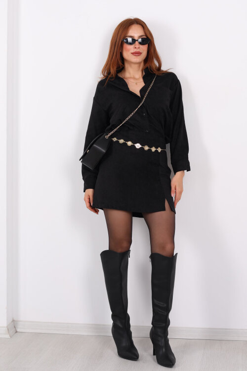 Önden Yırtmaçlı Süet Siyah Kadın Şort Etek - 5