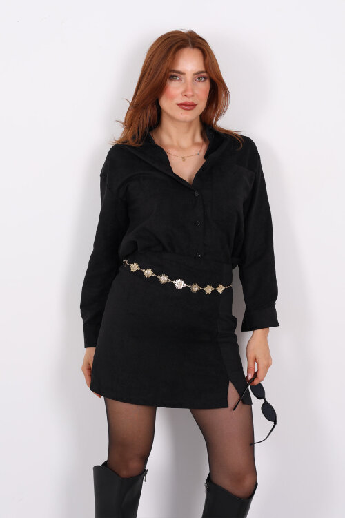 Önden Yırtmaçlı Süet Siyah Kadın Şort Etek - Berox