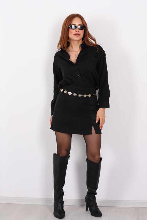 Önden Yırtmaçlı Süet Siyah Kadın Şort Etek - 7