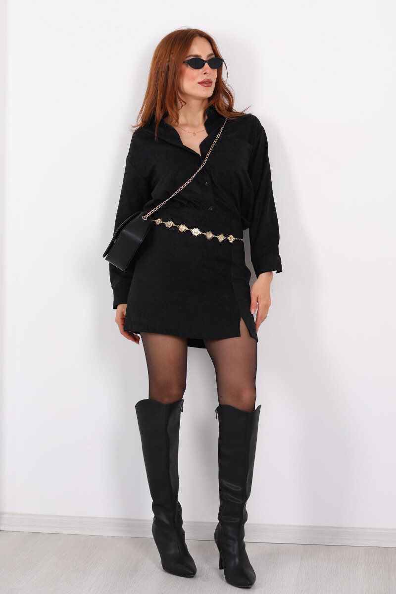 Önden Yırtmaçlı Süet Siyah Kadın Şort Etek - 3