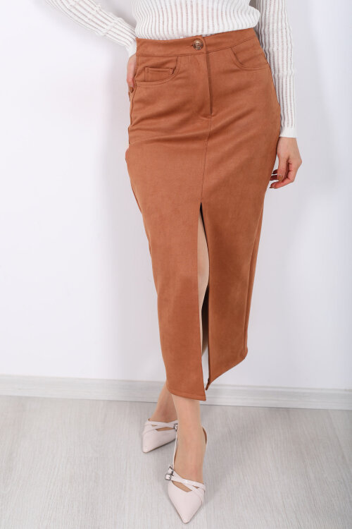 Önden Yırtmaçlı Süet Taba Kadın Midi Etek - Berox (1)