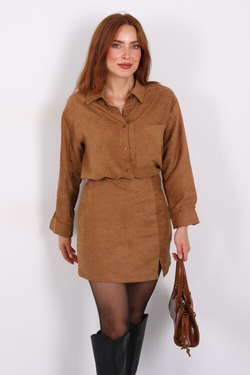 Önden Yırtmaçlı Süet Taba Kadın Şort Etek - 3