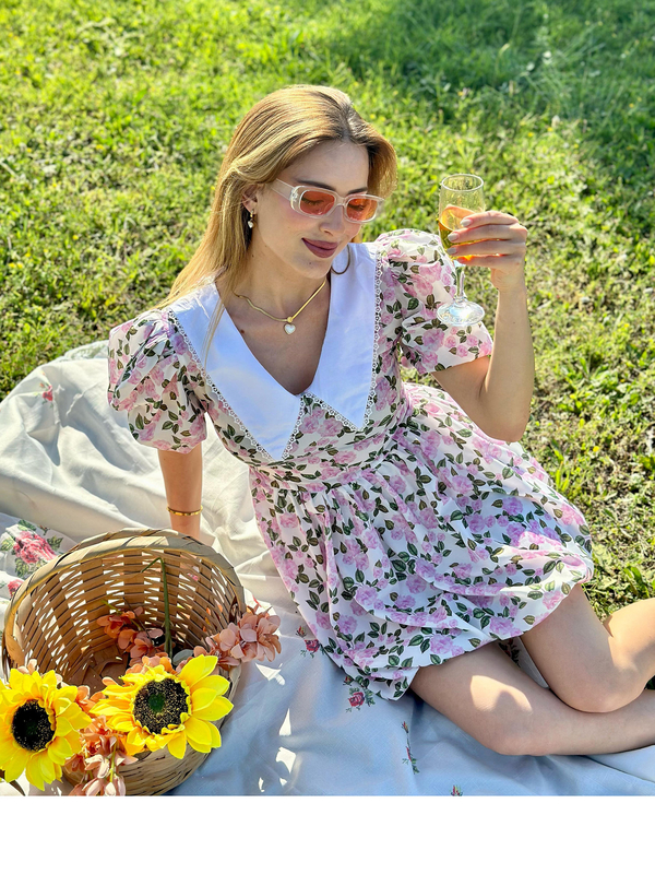 Önlük Yaka Karpuz Kol Kadın Pembe Flowers Elbise - 2