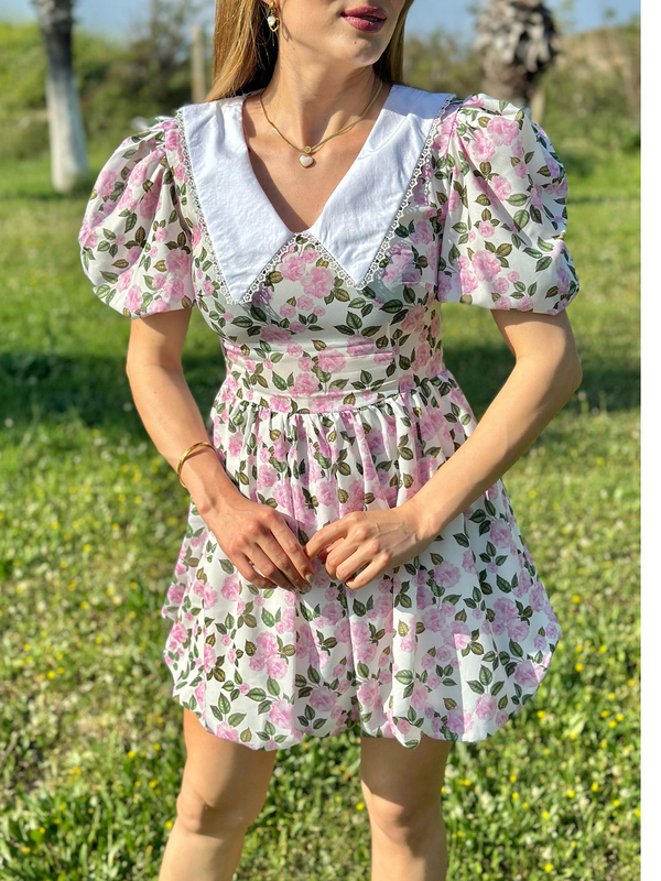 Önlük Yaka Karpuz Kol Kadın Pembe Flowers Elbise - 3