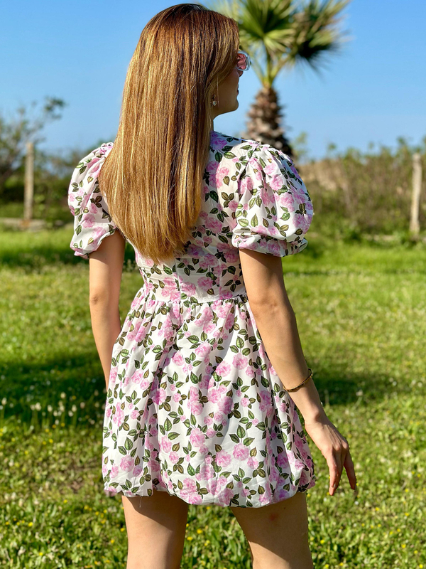Önlük Yaka Karpuz Kol Kadın Pembe Flowers Elbise - 4