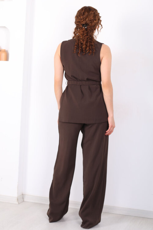 Önü Asimetrik Kemerli Acı Kahve Kadın Yelek Takım - 6