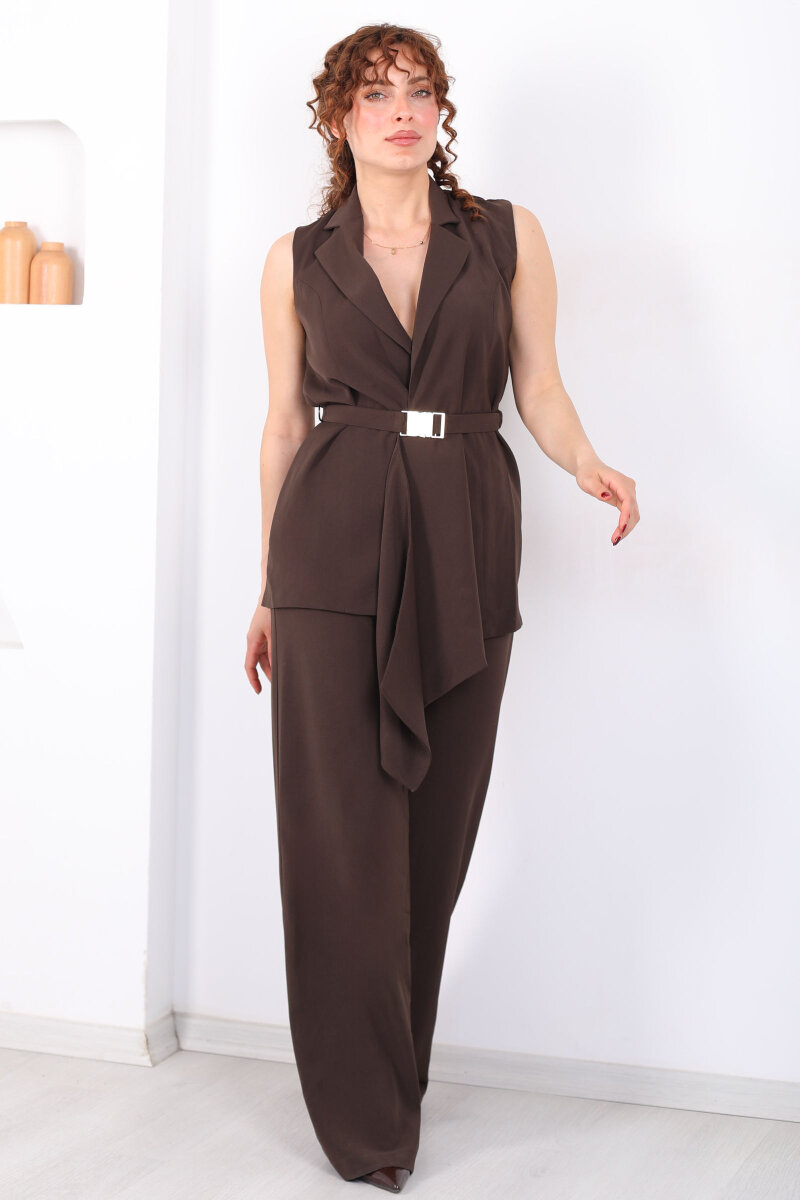 Önü Asimetrik Kemerli Acı Kahve Kadın Yelek Takım - 5