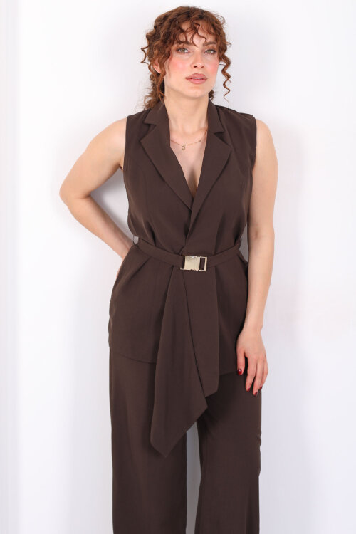 Önü Asimetrik Kemerli Acı Kahve Kadın Yelek Takım - 4