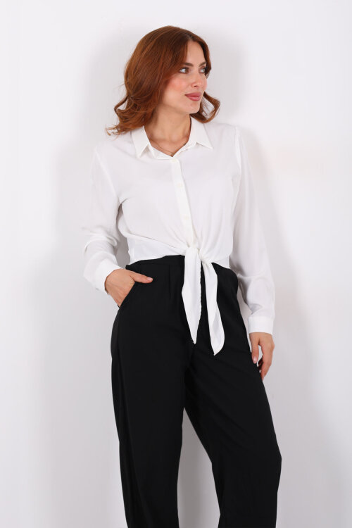 Önü Bağlamalı Düğmeli Beyaz Kadın Saten Gömlek - Berox