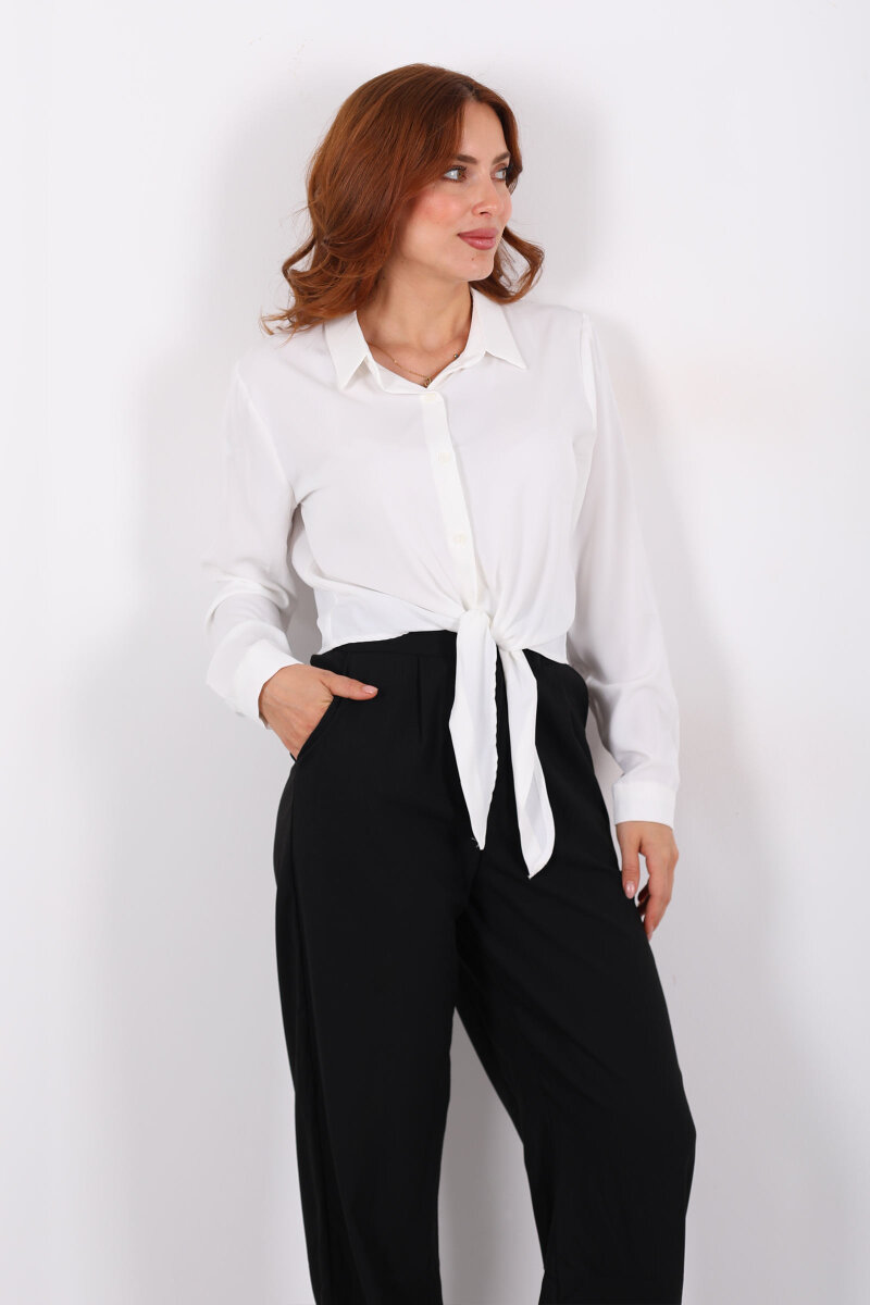 Önü Bağlamalı Düğmeli Beyaz Kadın Saten Gömlek - 1