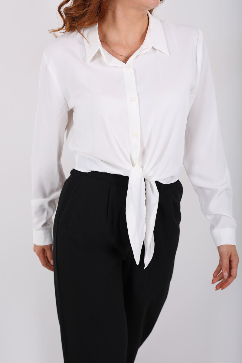 Önü Bağlamalı Düğmeli Beyaz Kadın Saten Gömlek - 2