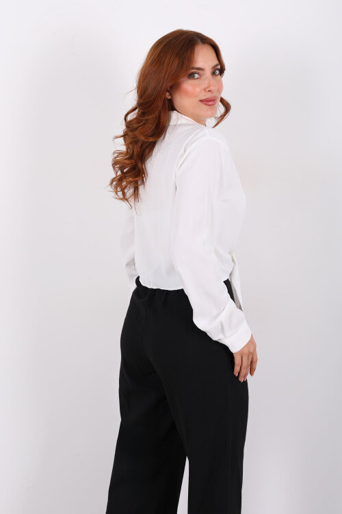 Önü Bağlamalı Düğmeli Beyaz Kadın Saten Gömlek - 5