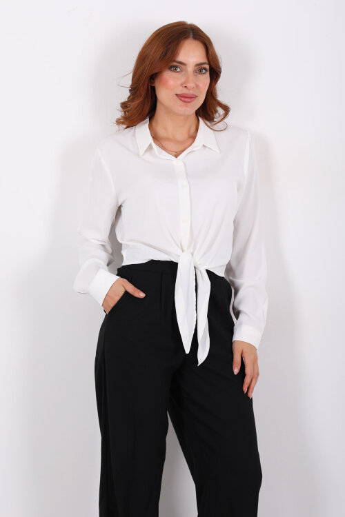 Önü Bağlamalı Düğmeli Beyaz Kadın Saten Gömlek - 4