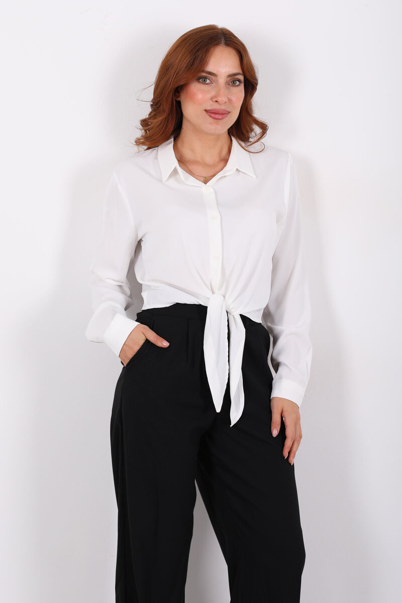 Önü Bağlamalı Düğmeli Beyaz Kadın Saten Gömlek - 4