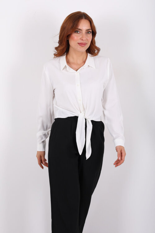 Önü Bağlamalı Düğmeli Beyaz Kadın Saten Gömlek - 3