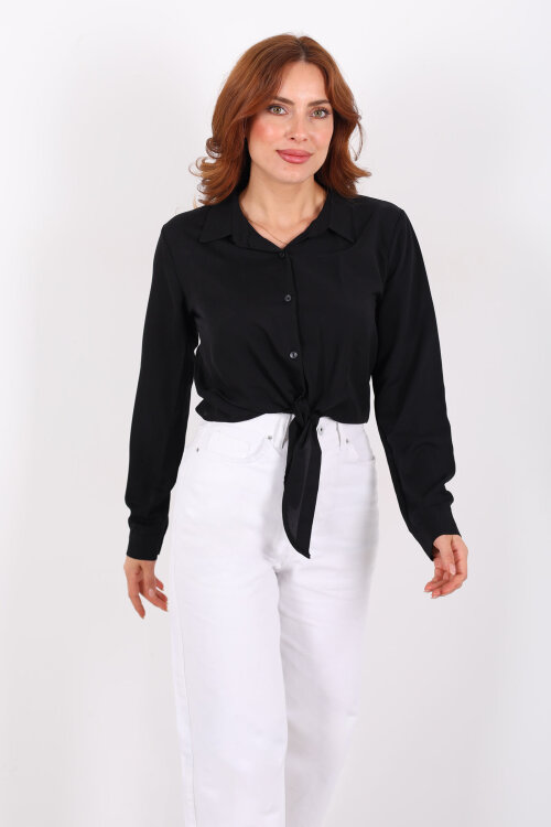 Önü Bağlamalı Düğmeli Siyah Kadın Saten Gömlek - 3