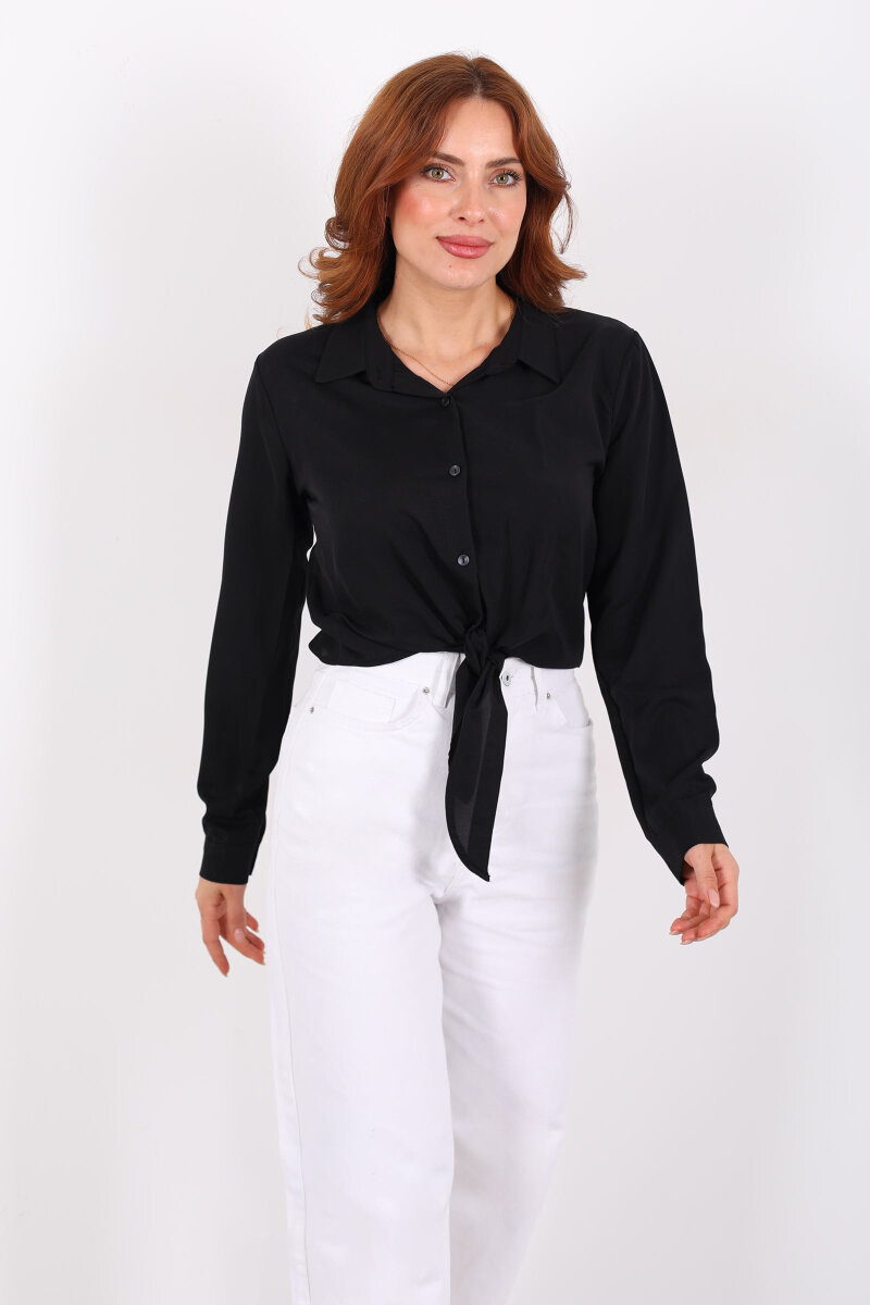 Önü Bağlamalı Düğmeli Siyah Kadın Saten Gömlek - 3