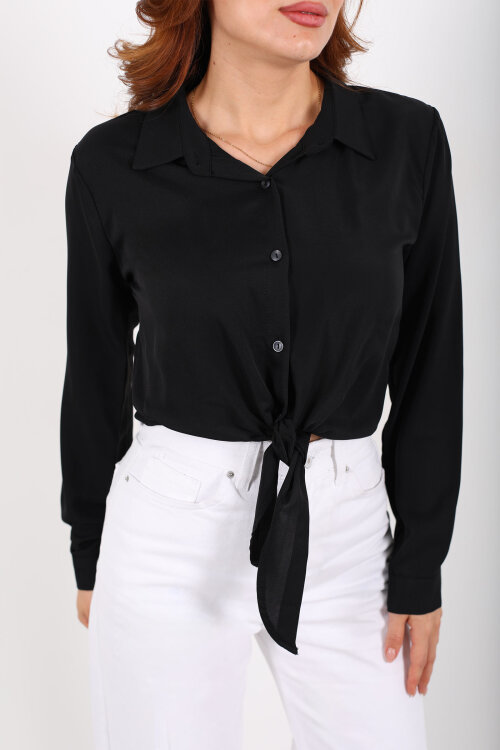 Önü Bağlamalı Düğmeli Siyah Kadın Saten Gömlek - Berox (1)