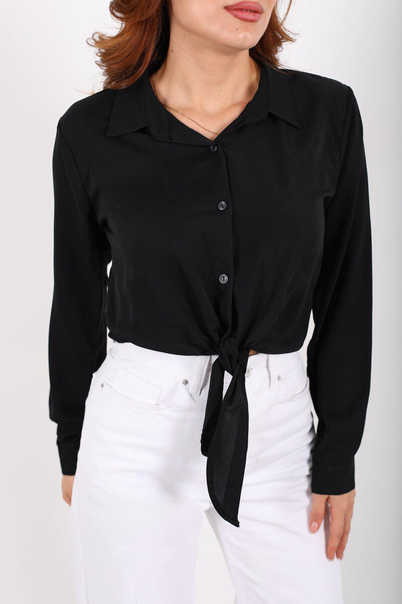 Önü Bağlamalı Düğmeli Siyah Kadın Saten Gömlek - 2