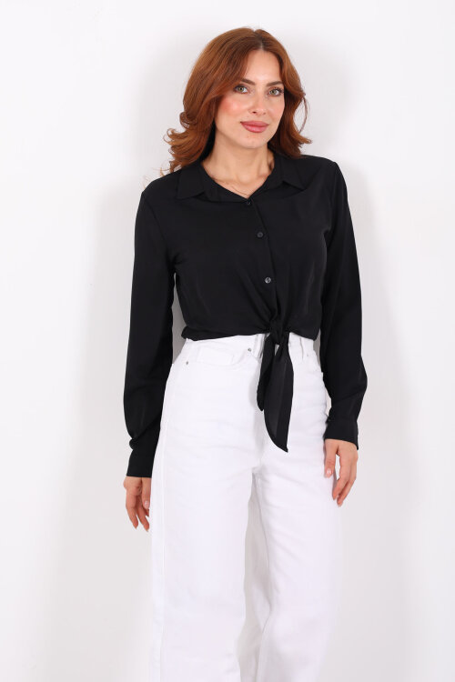 Önü Bağlamalı Düğmeli Siyah Kadın Saten Gömlek - Berox