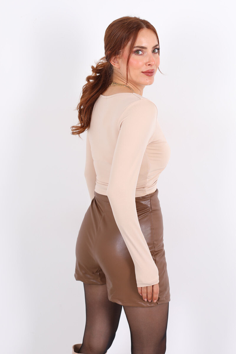 Önü Büzgülü U Yaka Bej Kadın Bluz - 4