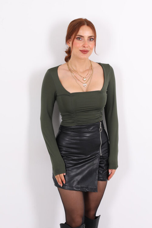 Önü Büzgülü U Yaka Haki Kadın Bluz - 3