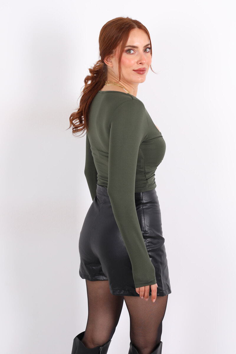 Önü Büzgülü U Yaka Haki Kadın Bluz - 4